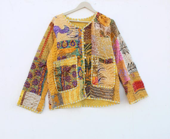 Reversible Kantha Quilted Jacket: Colorful Patchw… - image 3