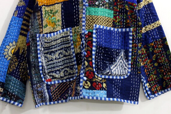 Blue Silk Patchwork Jacket: Handmade Kantha Quilt… - image 3