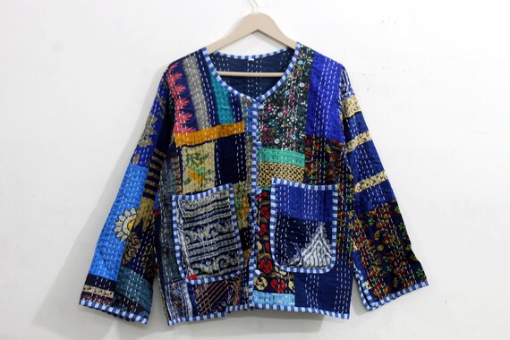 Blue Silk Patchwork Jacket: Handmade Kantha Quilt… - image 1