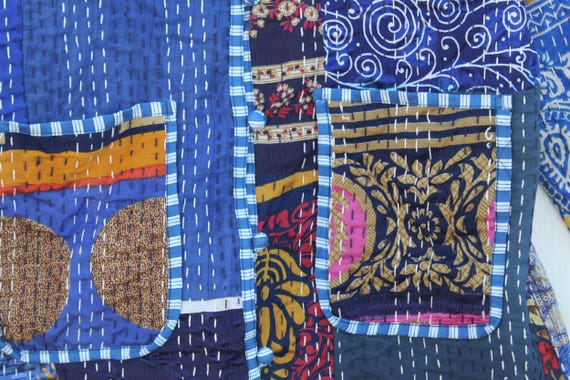 Blue Silk Patchwork Kantha Jacket: Handmade Bohem… - image 4