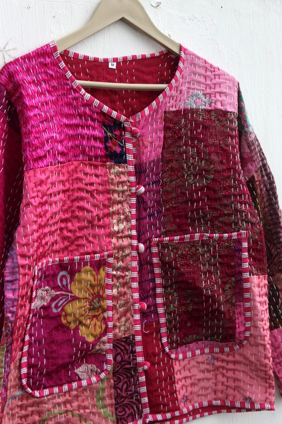 Pink Patchwork Kantha Jacket: Handmade Reversible… - image 8