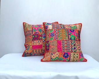 Funda de cojín hecha a mano, funda de cojín de patchwork Khambadiya, decoración de sofá, tela de algodón bohemia bordada, funda de almohada india, decoración de restaurante