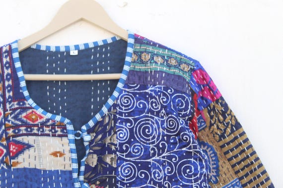 Blue Silk Patchwork Kantha Jacket: Handmade Bohem… - image 7