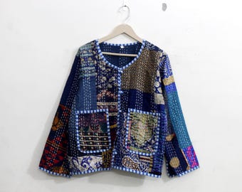 Handgefertigte Kantha Steppjacke: Boho-Seidenpatch (Large)