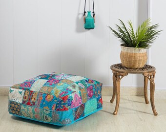 Boho Floor Pouf - Decorative Bohemian Cushion Cover | Large Square White Pillow, Hippie Home Decor | Meditation Pillow, Large Indian Hippie