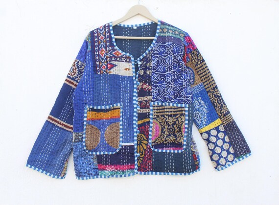 Blue Silk Patchwork Kantha Jacket: Handmade Bohem… - image 2