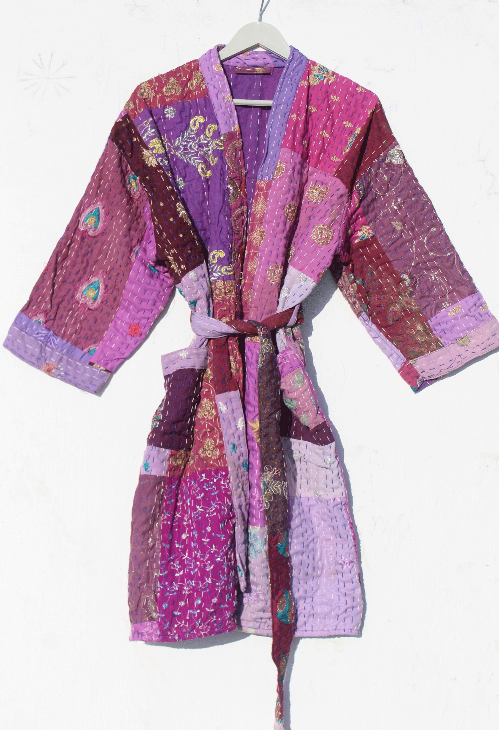 Purple kantha Patchwork dressing gown, Kantha Bath Robe, Handmade patchwork bohemian kimono dressing gown, embroidered kantha kimono jacket.