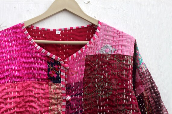 Pink Patchwork Kantha Jacket: Handmade Reversible… - image 5