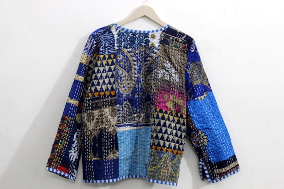 Blue Silk Patchwork Jacket: Handmade Kantha Quilt… - image 7