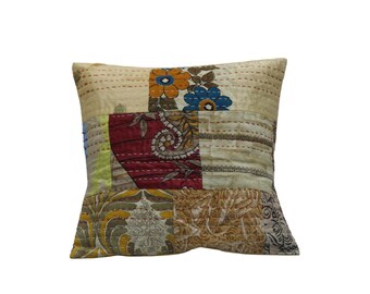 Silk Saree Patchwork Kantha Cushion Cover: Bohemian Pillow (16x16 Inches)