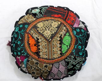 Black Vintage Floral Embroidered Round Cushion Cover Throw Bohemian Floor Patchwork Pillow Cover Decorative Cushion Meditation Pillow