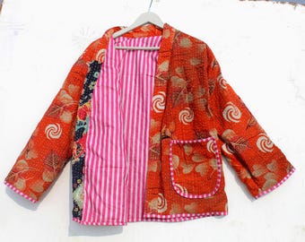 Handmade Reversible Kantha Quilted Jacket: Patchwork Cotton Coat