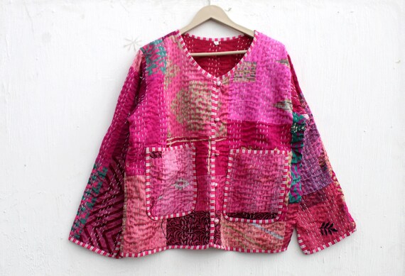 Pink Patchwork Kantha Jacket: Handmade Reversible… - image 3