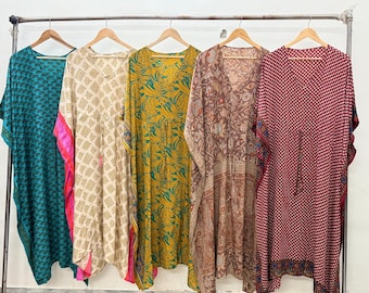Vintage Art Sari recycled Kaftan Dress, Long Floral Beach Cover Up
