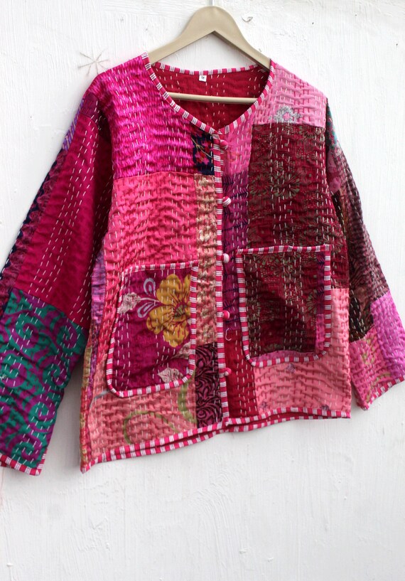 Pink Patchwork Kantha Jacket: Handmade Reversible… - image 7