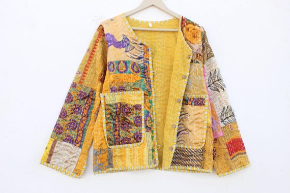 Reversible Kantha Quilted Jacket: Colorful Patchw… - image 1
