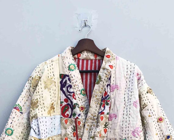 Handmade Kantha Patchwork Jacket, Embroidered Boh… - image 3