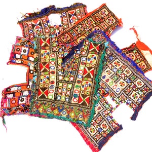 Vintage Banjara Neck Yoke Patch, Hand Embroidered Mirror Work Textile
