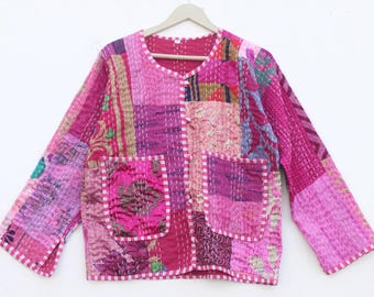 Reversible Kantha Quilted Jacket: Patchwork Silk Cotton Boho Dress