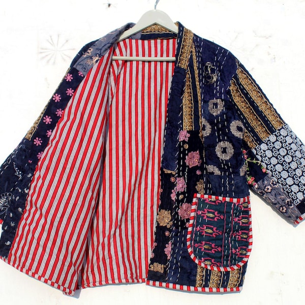 Handmade Kantha Quilted Jacket: Reversible Patchwork Cotton Coat