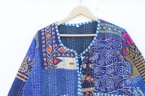 Blue Silk Patchwork Kantha Jacket: Handmade Bohem… - image 3