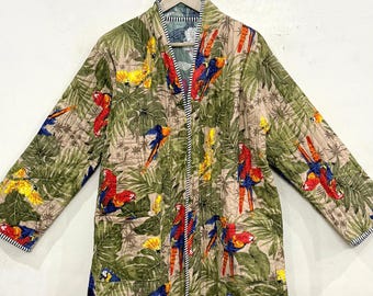 Kimono z bawełny pikowanej z nadrukiem kwiatowym, ręcznie robiona kurtka Kantha