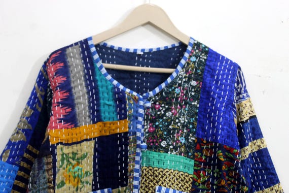 Blue Silk Patchwork Jacket: Handmade Kantha Quilt… - image 10