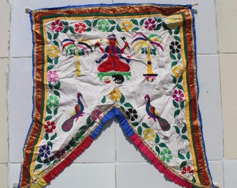 Vintage Embroidered Toran Valance, Indian Mirror Work Door Hanging