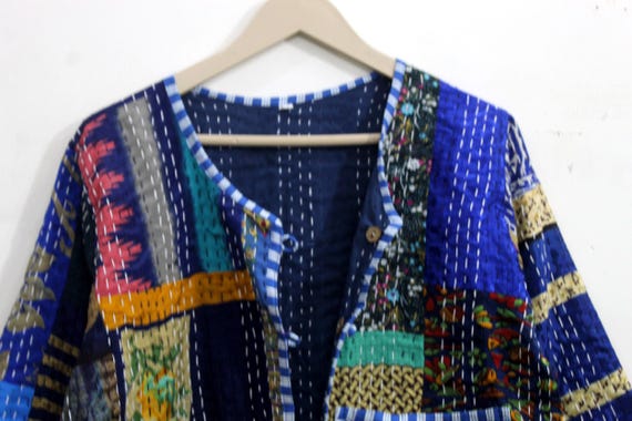 Blue Silk Patchwork Jacket: Handmade Kantha Quilt… - image 6