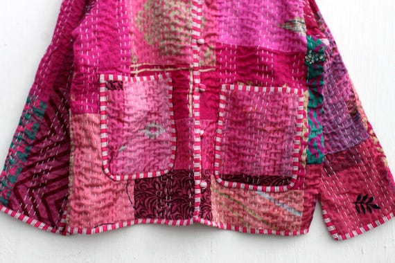 Pink Patchwork Kantha Jacket: Handmade Reversible… - image 5