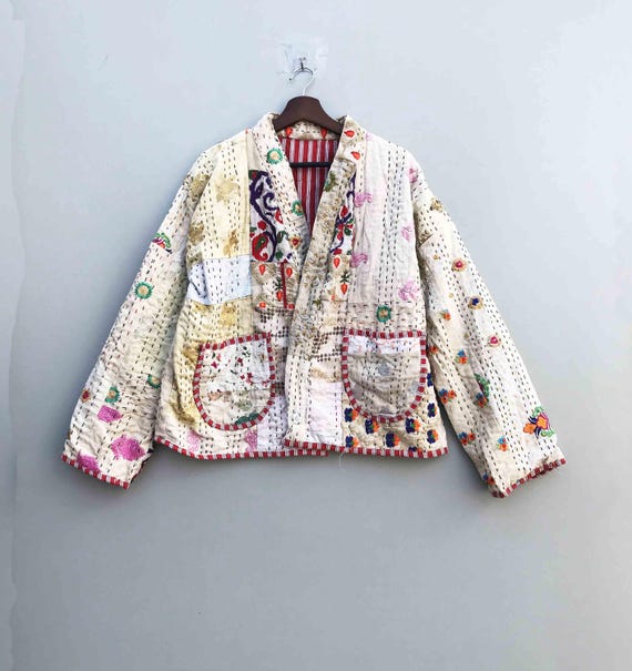 Handmade Kantha Patchwork Jacket, Embroidered Boh… - image 1