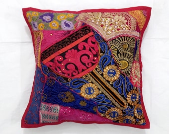 Boho Patchwork Cushion Cover: Indian Sari Throw Pillow