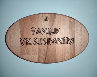 Solid wood nameplate for front door / with engraving / wooden door sign / personalized wooden sign