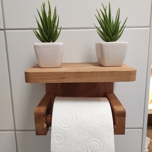 Wooden toilet paper holder with shelf