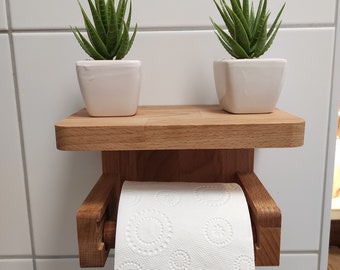 Wooden toilet paper holder with shelf