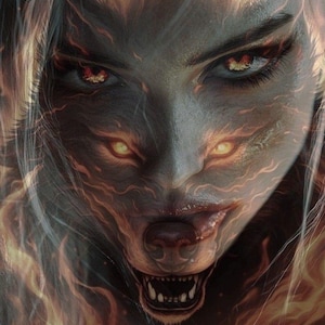 May include: Digital art depicting a woman's face merging with a wolf's snout, with fiery orange and yellow flames surrounding the face. The eyes glow with an intense orange light, and the wolf's teeth are bared. The artist's signature "Pablo.l" is in the upper left corner.