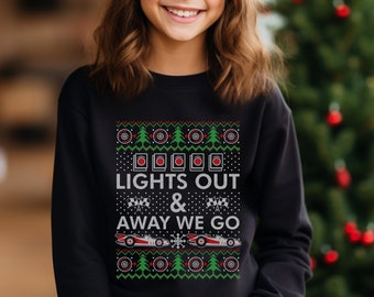 Lights Out And Away We Go Holiday Long Sleeve Shirt, Formula Racing, Lights Out Christmas Long Sleeve Shirts, Ugly Christmas Shirt - YOUTH