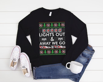 Lights Out And Away We Go Holiday Long Sleeve Shirt, Formula Racing, Lights Out Christmas Long Sleeve Shirts, Formula Ugly Christmas Shirt