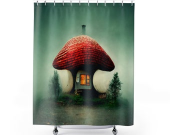 Welcome to My Home  -- Cute and Mystical and Nostalgic Mushroom House Shower Curtain
