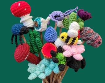 Woodland Bouquet Pattern Pack Crochet PDF Pattern - 8 mushrooms, 7 succulents, 5 bugs