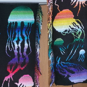 May include: Two crocheted wall hangings featuring jellyfish in rainbow colors. The jellyfish are crocheted in a variety of shades of blue, green, pink, and purple. The hangings are framed with a fringe border.