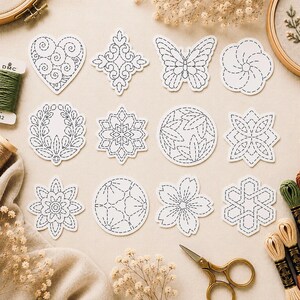Japanese Sashiko Stick and Stitch Pattern, Visible Mending Embroidery Transfer, Peel and Stick Wash Away Paper, Geometric Sashiko Designs