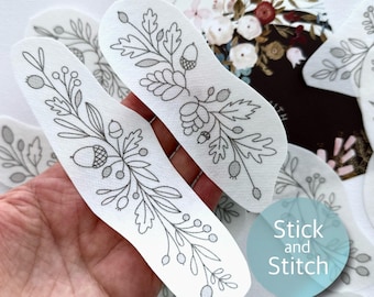 Fall floral hand embroidery pattern, floral border stick and stitch design, autumn peel-and-stick embroidery, botanical transfer patch