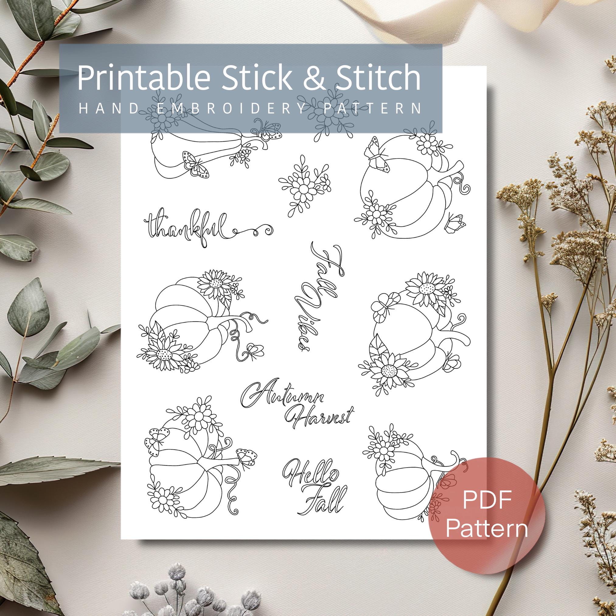 Floral Pumpkin Hand Embroidery Pattern, Printable Stick N Stitch Design ...