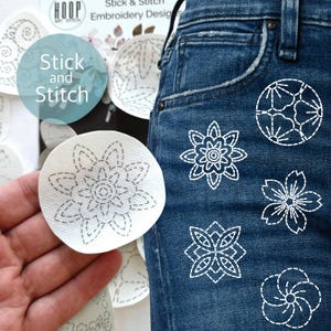 Stick and stitch hand embroidery pattern, Sashiko peel and stick embroidery designs, water-soluble transfer paper, wash away stabilizer