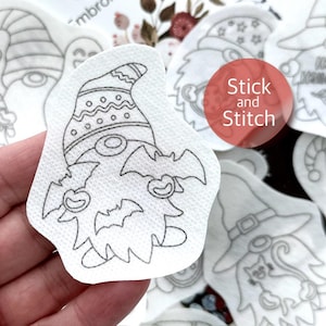 Halloween gnomes stick and stitch embroidery patterns, cute peel and stick transfer patch, spooky embroidery paper, embroidery for clothes