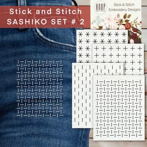 May include: A set of five embroidery designs for sashiko stitching. The designs include a grid pattern, a vertical line pattern, a horizontal line pattern, and two cross stitch patterns. The designs are printed on white paper and are ready to be used for embroidery projects.