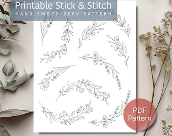 Floral border pair hand embroidery design, Printable digital download, stick and stitch embroidery, Wildflower embroidery PDF, Handmade gift