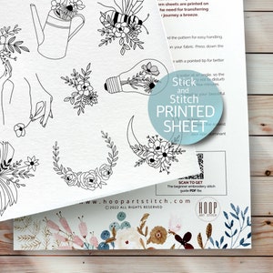Blooming hand embroidery pattern, stick and stitch printed sheet, hand embroidery bee, peel and stick transfer patch, wash away stabilizer