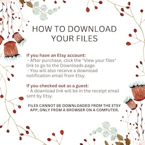 Puede incluir: Gr&aacute;fico de estilo acuarela con el texto &laquo;C&Oacute;MO DESCARGAR TUS ARCHIVOS&raquo;. Se proporcionan instrucciones para descargar archivos despu&eacute;s de la compra en Etsy, incluido c&oacute;mo acceder a los archivos para los titulares de cuentas de Etsy e invitados. Elementos florales y bot&aacute;nicos enmarcan el texto.